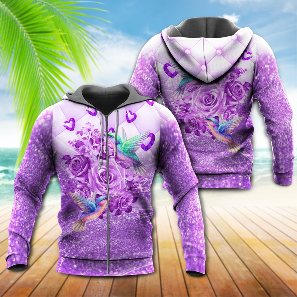 Hummingbird Bird Loves Purple Flowers Bling Hummingbird With Rose - Hoodie - Owl Ohh - Owl Ohh