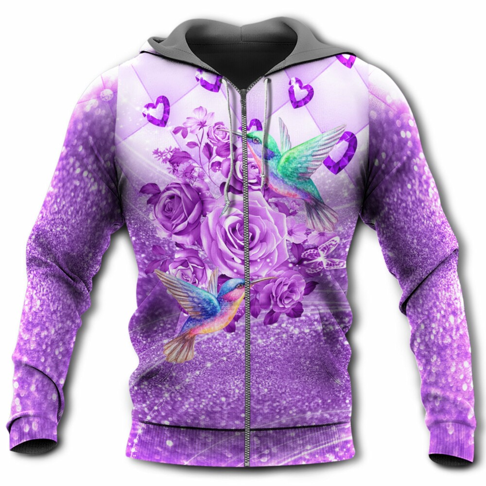 Hummingbird Bird Loves Purple Flowers Bling Hummingbird With Rose - Hoodie - Owl Ohh - Owl Ohh