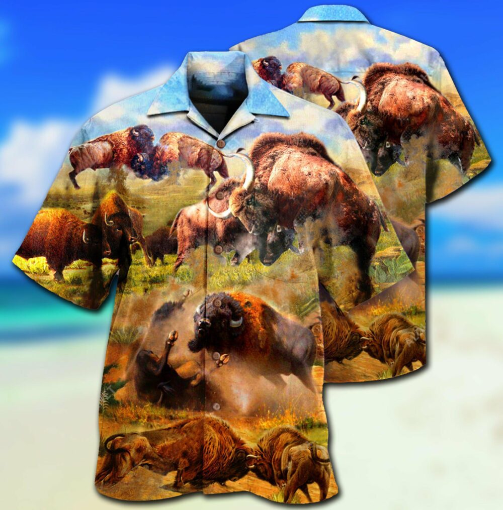 Bison Animals Bison In Wild Battle To Live - Hawaiian Shirt - Owl Ohh - Owl Ohh