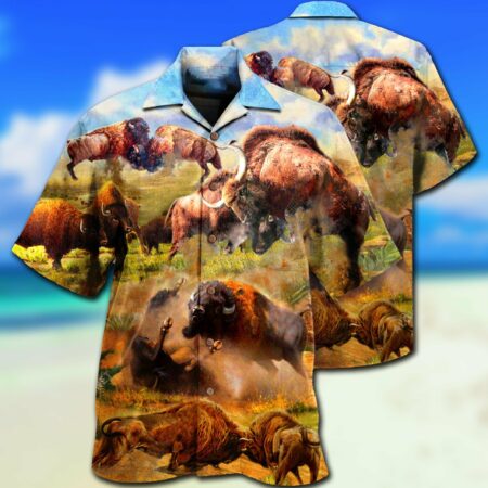 Bison Animals Bison In Wild Battle To Live - Hawaiian Shirt - Owl Ohh - Owl Ohh