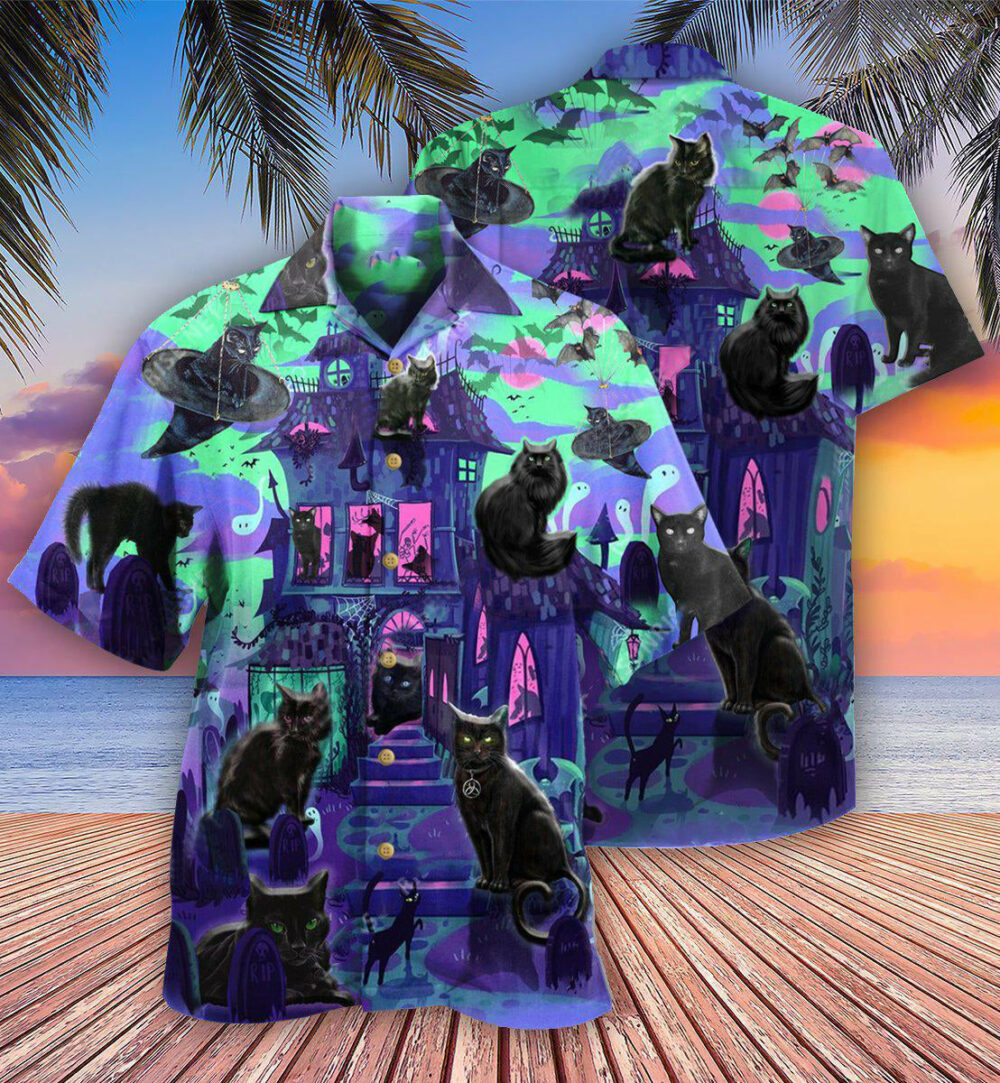 Black Cat In A Mysterious Haunted House - Hawaiian Shirt - Owl Ohh - Owl Ohh