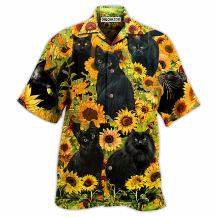 Black Cat Love Sunflower - Hawaiian Shirt - Owl Ohh - Owl Ohh