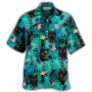 Black Cat Lover Tropical Leaf - Hawaiian Shirt - Owl Ohh - Owl Ohh