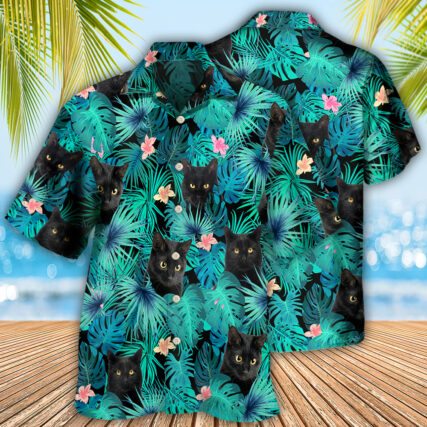 Black Cat Lover Tropical Leaf - Hawaiian Shirt - Owl Ohh - Owl Ohh