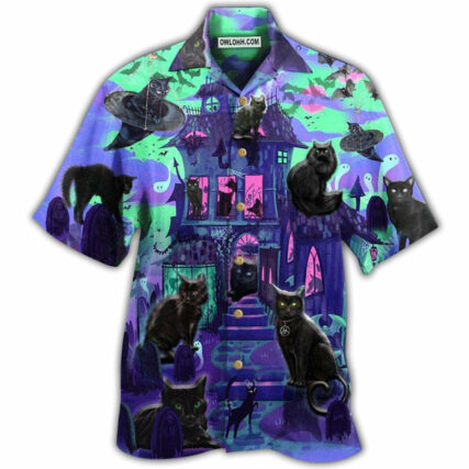 Black Cat In A Haunted House - Hawaiian Shirt - Owl Ohh - Owl Ohh