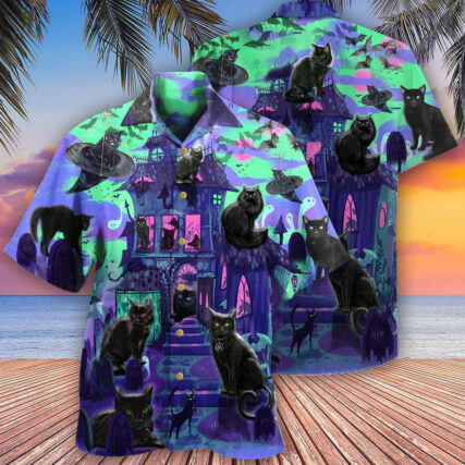 Black Cat In A Haunted House - Hawaiian Shirt - Owl Ohh - Owl Ohh
