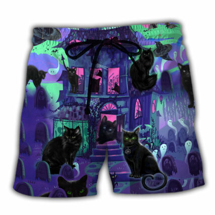 Black Cat In A Haunted House Dark Night - Beach Short - Owl Ohh - Owl Ohh