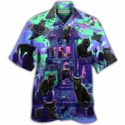 Black Cat In A Mysterious Haunted House - Hawaiian Shirt - Owl Ohh - Owl Ohh