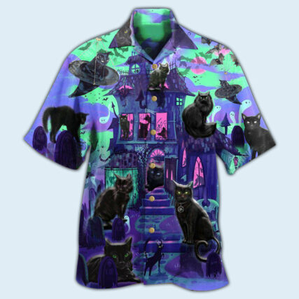 Black Cat In A Mysterious Haunted House - Hawaiian Shirt - Owl Ohh - Owl Ohh
