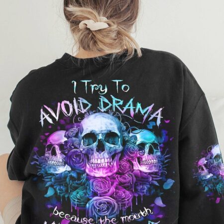 I TRY TO AVOID DRAMA PURPLE ROSE SKULLS OVER PRINT - TLNZ0602234