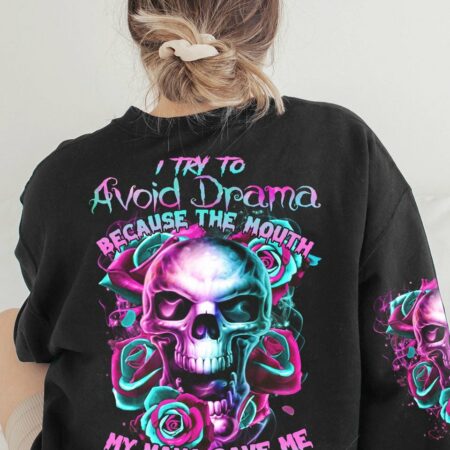 I TRY TO AVOID DRAMA FIRE SKULL ROSE ALL OVER PRINT - TLTR2701233