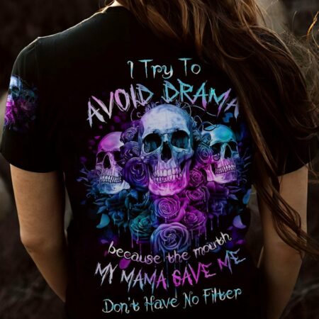 I TRY TO AVOID DRAMA PURPLE ROSE SKULLS OVER PRINT - TLNZ0602234