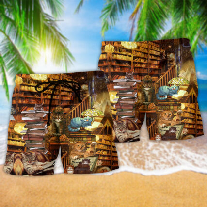 Book Happiness Is A Good Book And A Cat - Beach Short - Owl Ohh - Owl Ohh