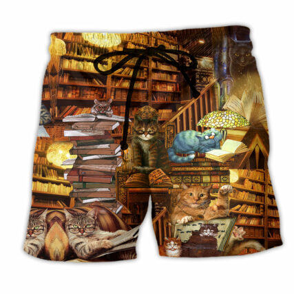 Book Happiness Is A Good Book And A Cat - Beach Short - Owl Ohh - Owl Ohh