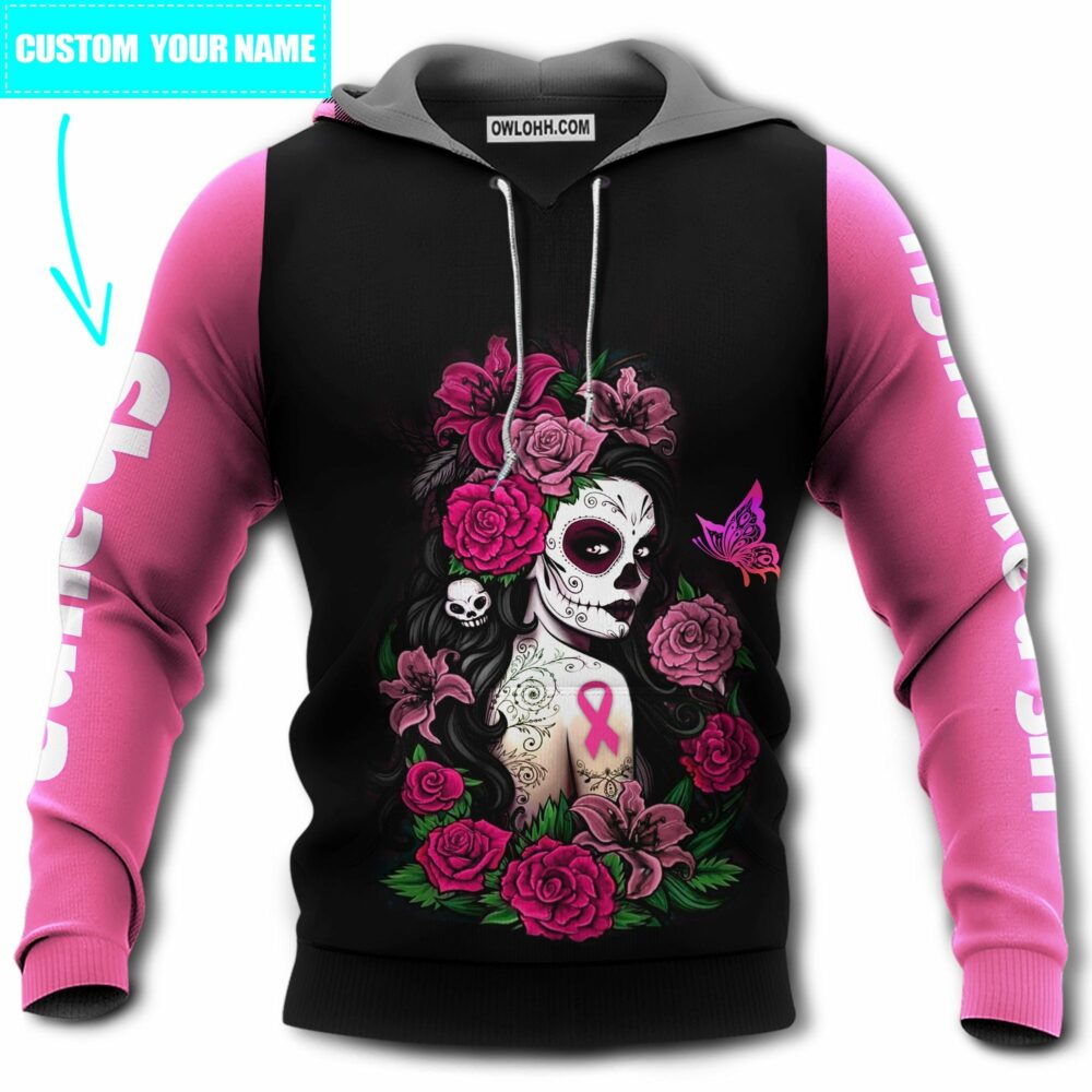 Breast Cancer Skull Girl With Dark Pink Personalized - Hoodie - Owl Ohh - Owl Ohh
