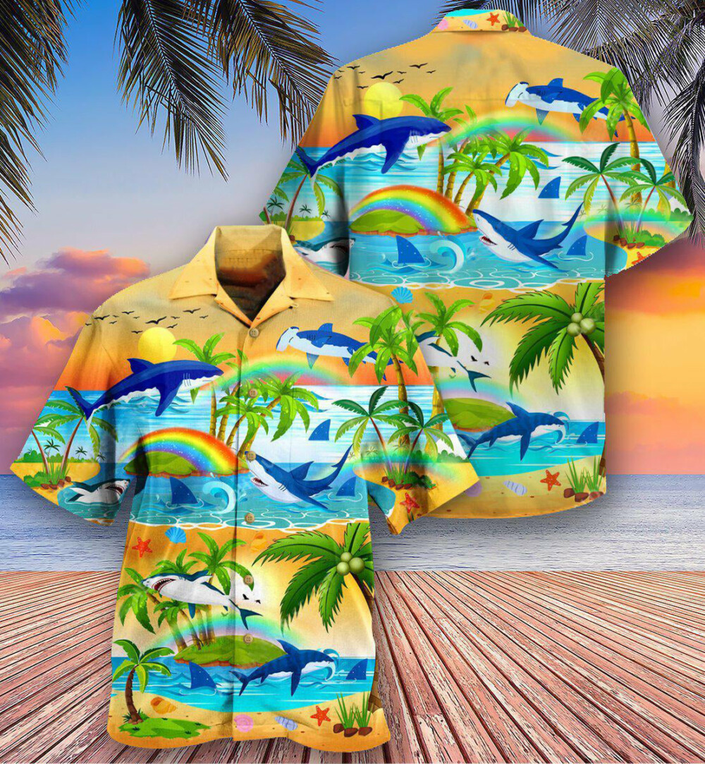 Shark Bright Rainbow And Sharks - Hawaiian Shirt - Owl Ohh - Owl Ohh