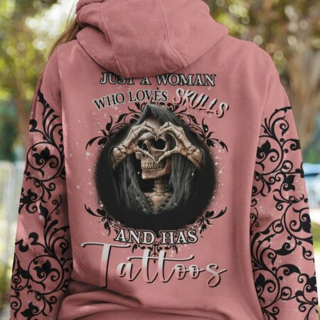 JUST A WOMAN WHO LOVES SKULL AND HAS TATTOOS ALL OVER PRINT - YHHN1612223