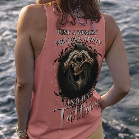 JUST A WOMAN WHO LOVES SKULL AND HAS TATTOOS ALL OVER PRINT - YHHN1612223
