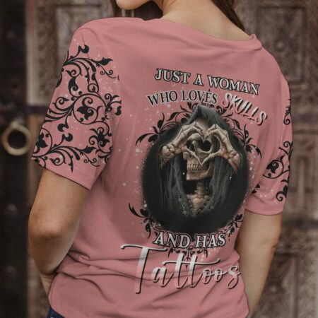 JUST A WOMAN WHO LOVES SKULL AND HAS TATTOOS ALL OVER PRINT - YHHN1612223