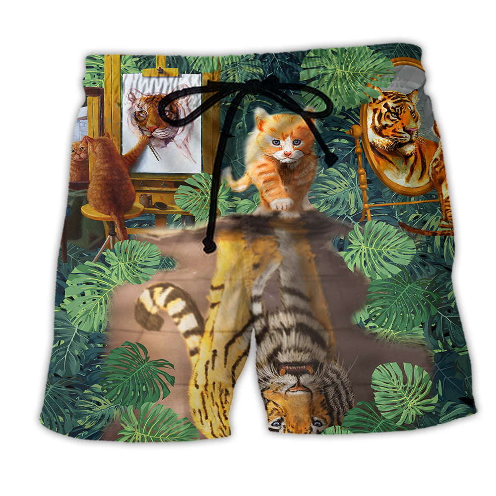 Cat And Tiger Tropical Leaves - Beach Short - Owl Ohh - Owl Ohh