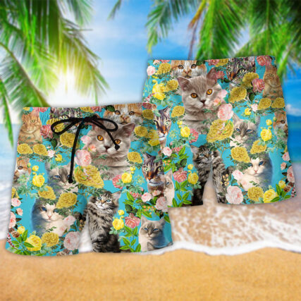 Cat Cute Kitten With Flowers - Beach Short - Owl Ohh - Owl Ohh