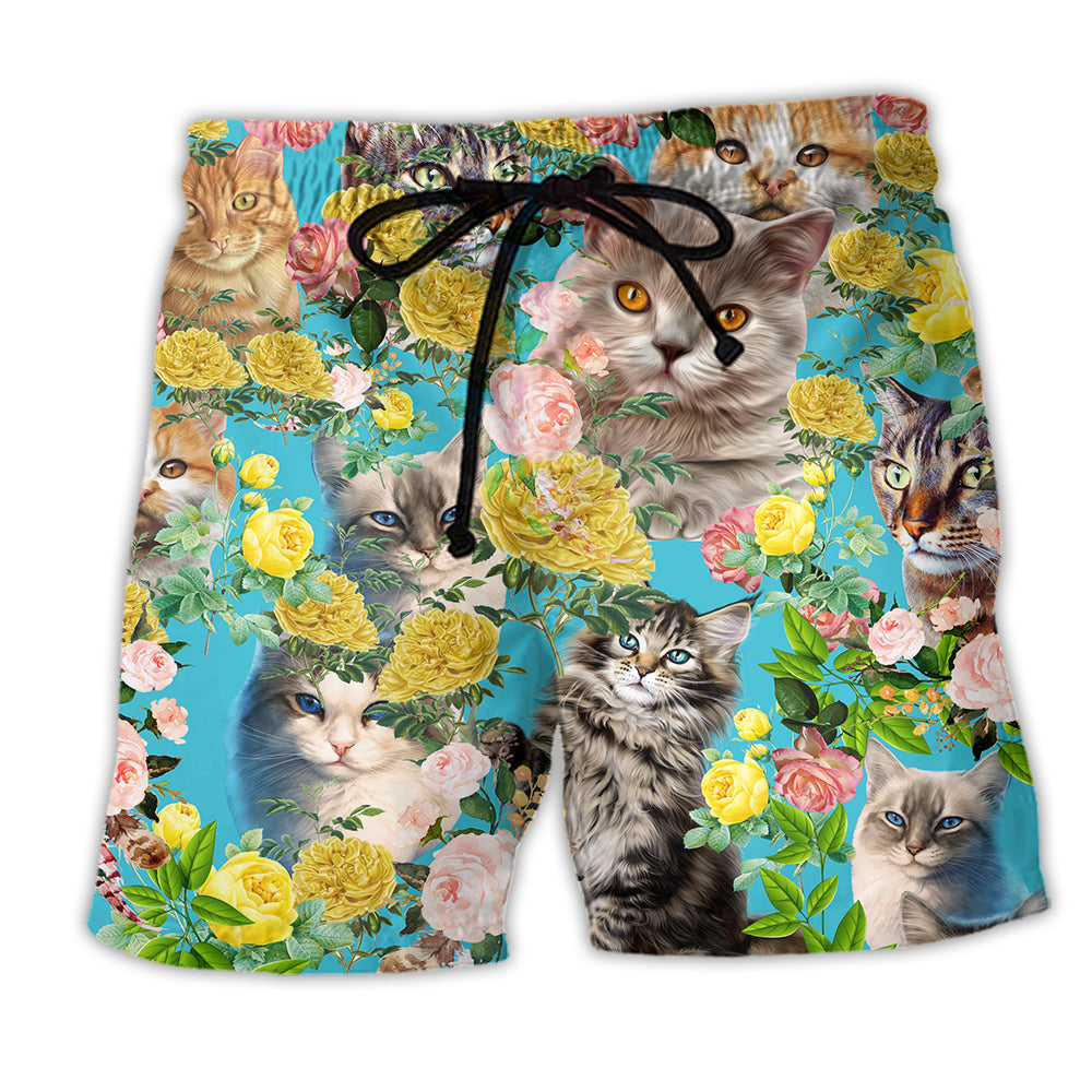 Cat Cute Kitten With Flowers - Beach Short - Owl Ohh - Owl Ohh