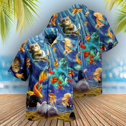 Cat Dream About Playing With Big Gold Fish - Hawaiian Shirt - Owl Ohh - Owl Ohh