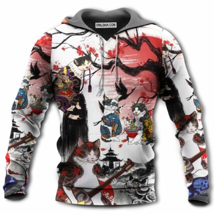 Cat Japanese Art Red Style - Hoodie - Owl Ohh - Owl Ohh