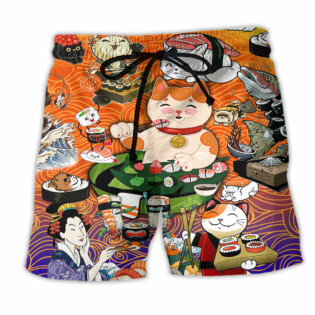 Cat Keep Calm And Eat Sushi Lovely Style - Beach Short - Owl Ohh - Owl Ohh