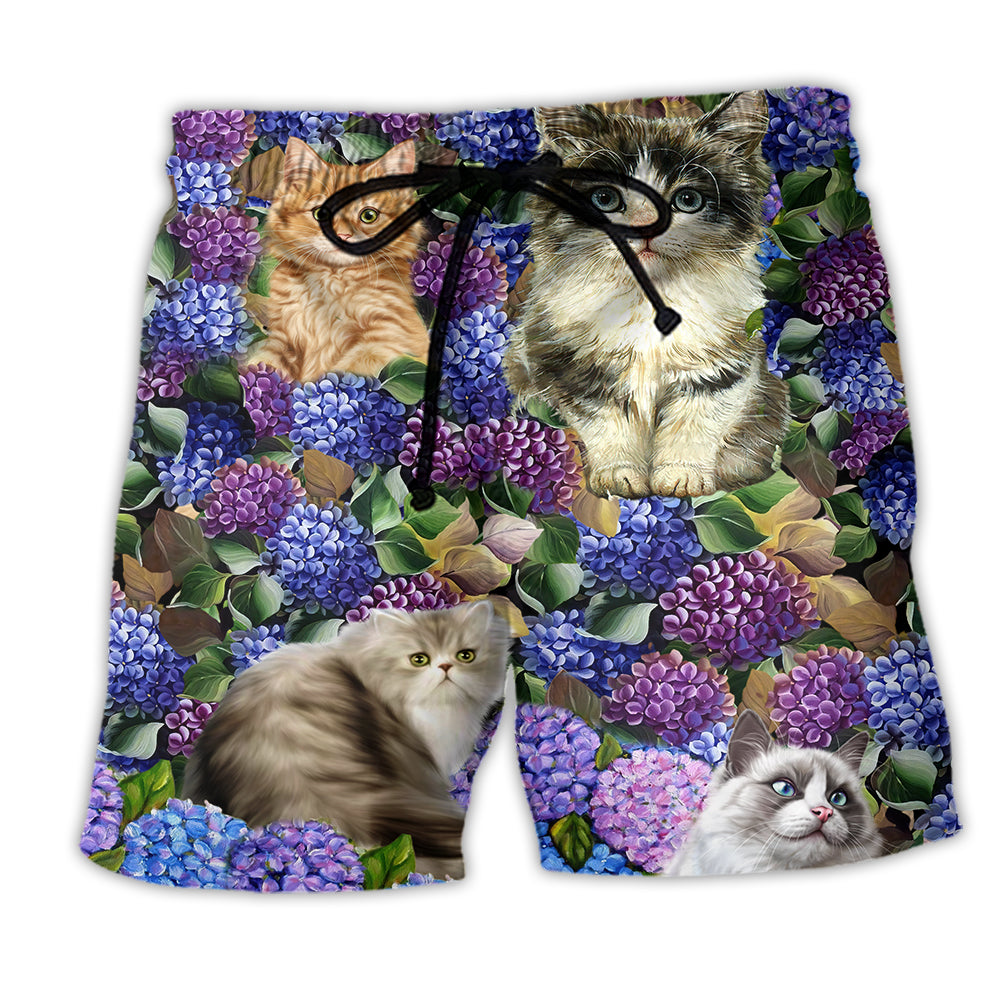 Cat Lovely And Flowers Purple - Beach Short - Owl Ohh - Owl Ohh