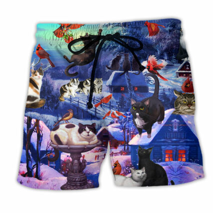 Cat Watching Cardinal Birds Snow Mountain - Beach Short - Owl Ohh - Owl Ohh