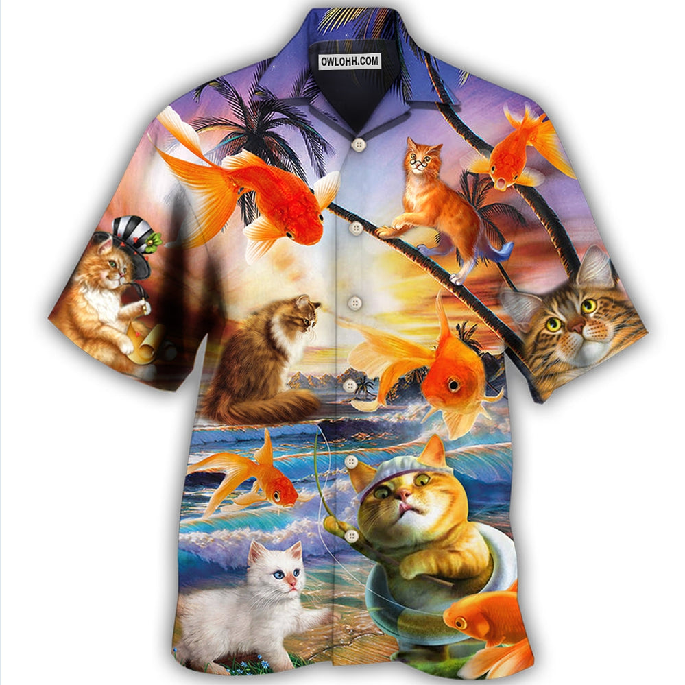Cat Catchs Fish Style - Hawaiian Shirt - Owl Ohh for men and women, kids - Owl Ohh