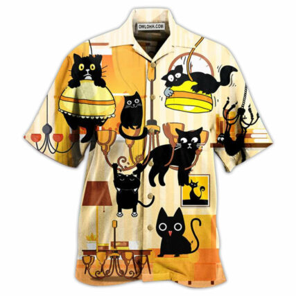 Black Cat Yellow Dinner Style - Hawaiian Shirt - Owl Ohh - Owl Ohh