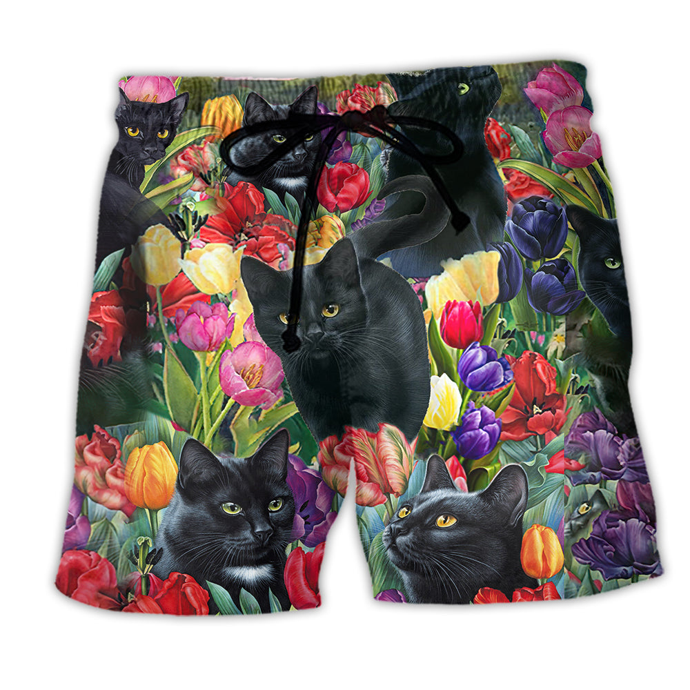 Black Cat Love Flowers Colorfull - Beach Short - Owl Ohh - Owl Ohh