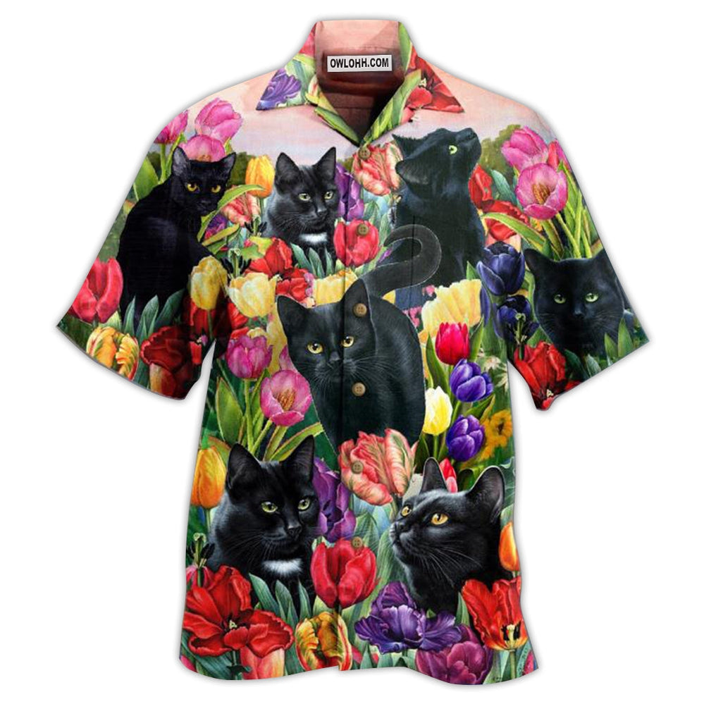 Black Cat Love Flowers Colorfull - Hawaiian Shirt - Owl Ohh - Owl Ohh