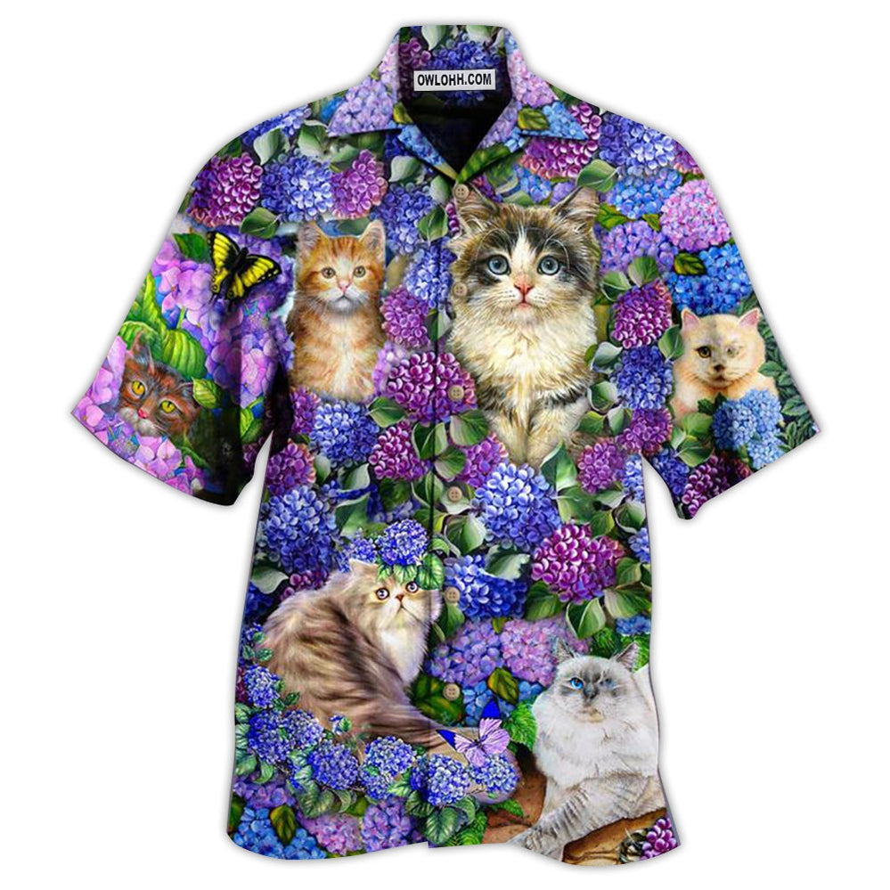 Cat Lovely And Purple Flowers - Hawaiian Shirt - Owl Ohh - Owl Ohh