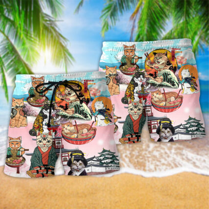 Cat Samurai With Ramen - Beach Short - Owl Ohh - Owl Ohh