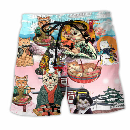Cat Samurai With Ramen - Beach Short - Owl Ohh - Owl Ohh
