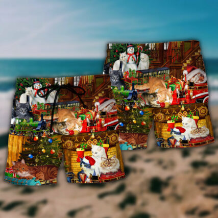 Cat With Toys Train Christmas - Beach Short - Owl Ohh - Owl Ohh