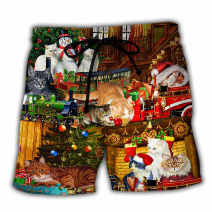 Cat With Toys Train Christmas - Beach Short - Owl Ohh - Owl Ohh