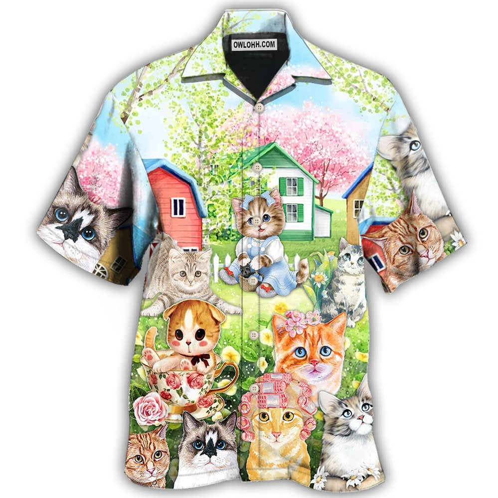 Cat Flowers And Lovely House Art - Hawaiian Shirt - Owl Ohh - Owl Ohh