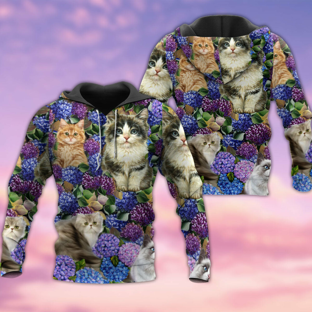 Cat Lovely And Purple Flowers - Hoodie - Owl Ohh - Owl Ohh