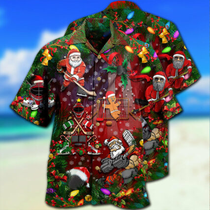 Christmas Come On Play Hockey With Santa Claus And Reindeer So Nice - Hawaiian Shirt - Owl Ohh - Owl Ohh