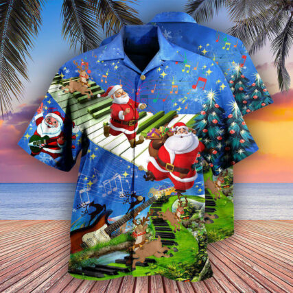 Christmas Jumping On Musical Instrument In Blue - Hawaiian Shirt - Owl Ohh - Owl Ohh