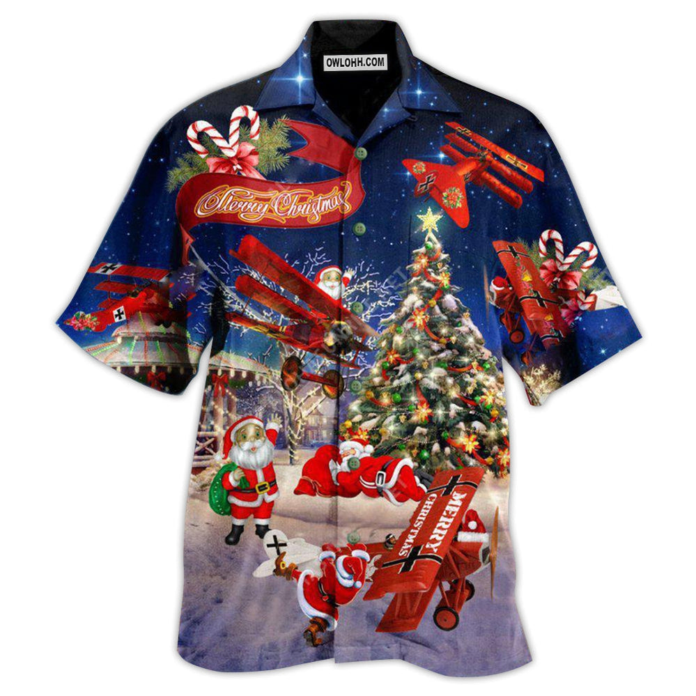 Christmas No Reindeer Any More Santa Loves Airplane In Blue - Hawaiian Shirt - Owl Ohh - Owl Ohh