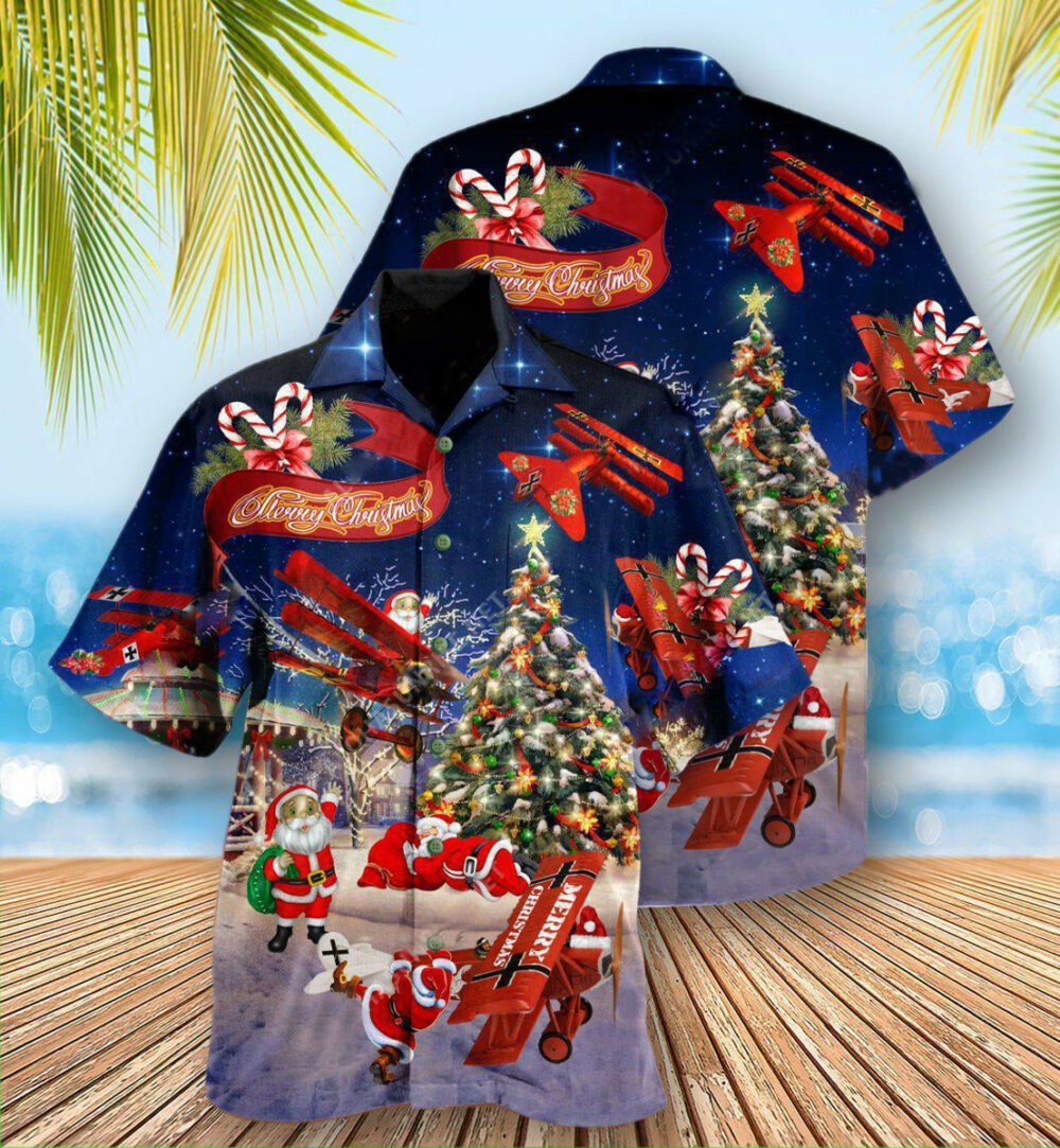 Christmas No Reindeer Any More Santa Loves Airplane In Blue - Hawaiian Shirt - Owl Ohh - Owl Ohh