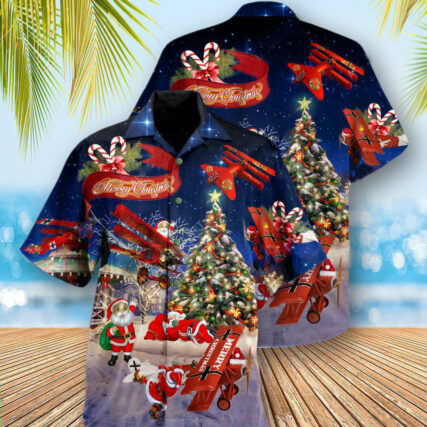 Christmas No Reindeer Any More Santa Loves Airplane In Blue - Hawaiian Shirt - Owl Ohh - Owl Ohh