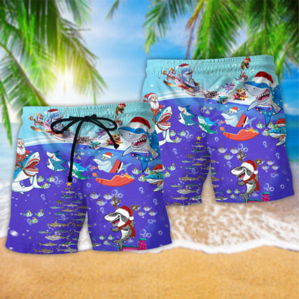 Christmas Santa Shark Sits On Rockets And Brings Gifts To Ocean - Beach Short - Owl Ohh - Owl Ohh