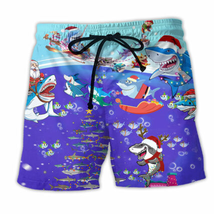 Christmas Santa Shark Sits On Rockets And Brings Gifts To Ocean - Beach Short - Owl Ohh - Owl Ohh
