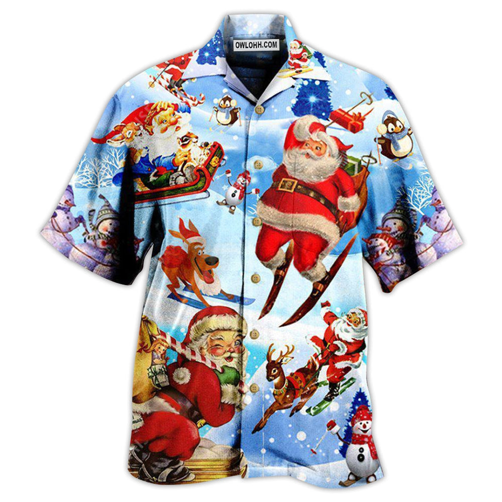 Christmas Skiing Santa Claus In Blue - Hawaiian Shirt - Owl Ohh - Owl Ohh